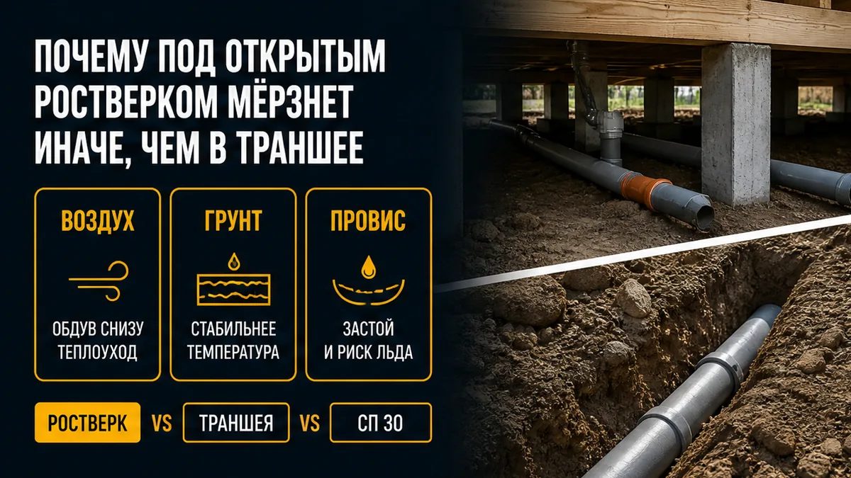 Под открытым ростверком выпуск в воздухе мёрзнет иначе, чем труба в траншее