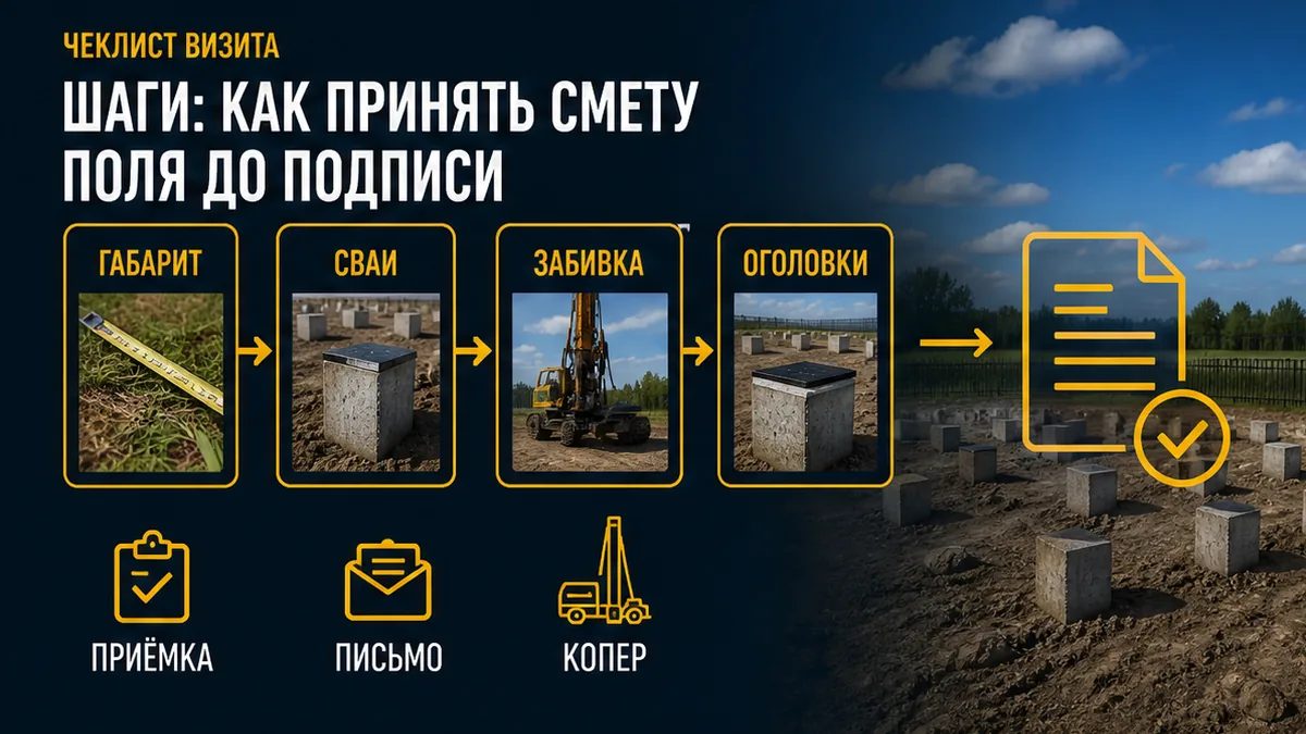 Шаги приёмки сметы поля: габарит, сваи, забивка, оголовки