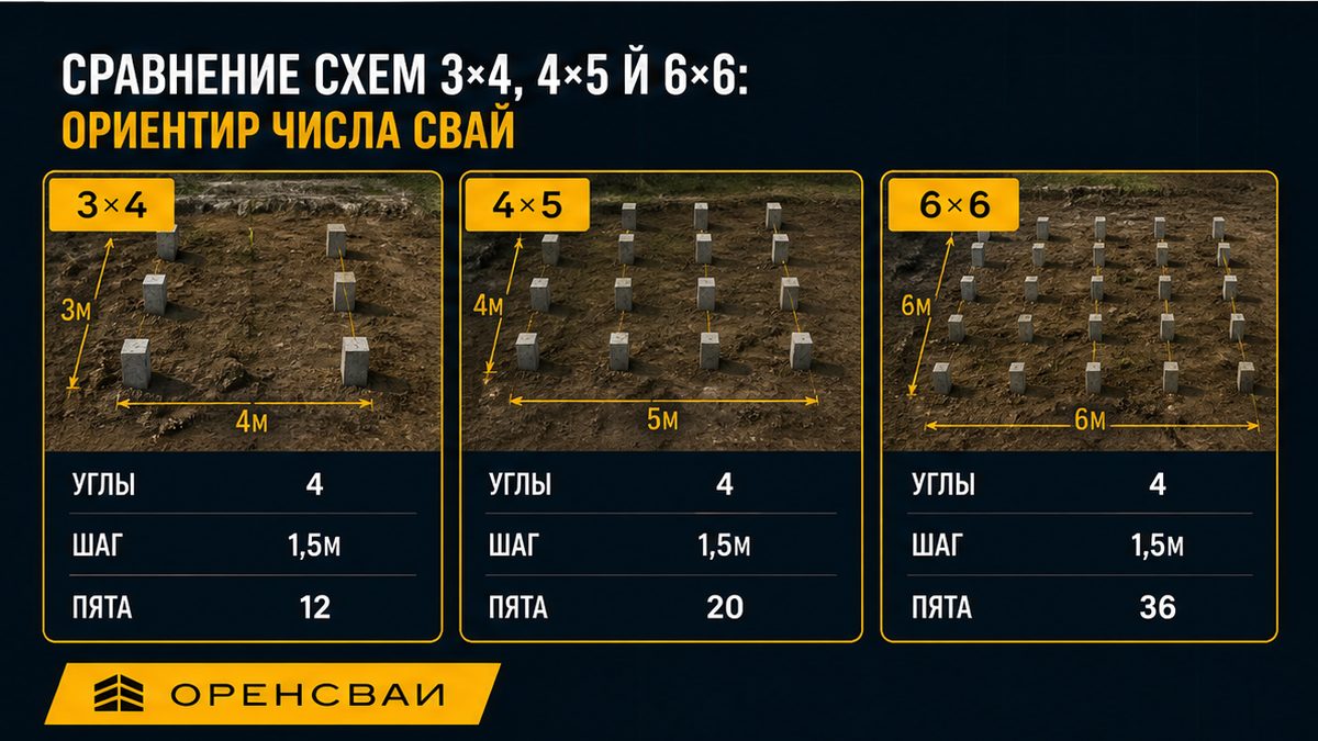 Сравнение схем свайного поля 3×4, 4×5 и 6×6: ориентир числа свай