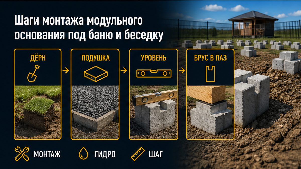 Шаги монтажа кросс-блоков: подушка, уровень, брус в паз