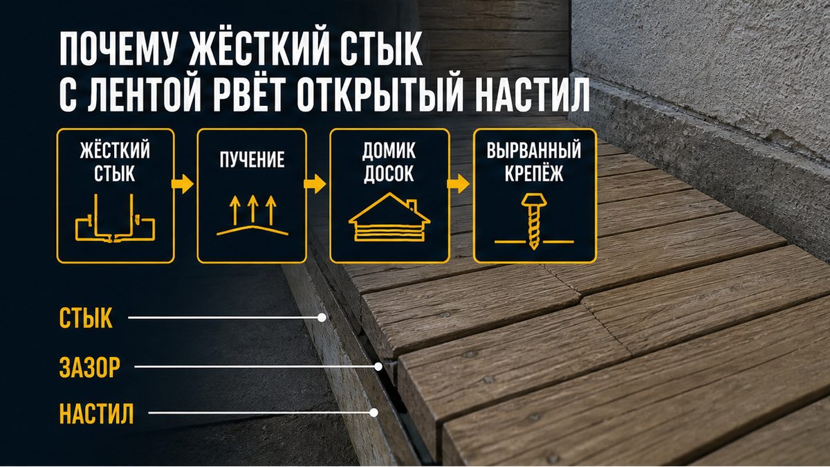 Почему жёсткий стык террасы с лентой рвёт открытый настил