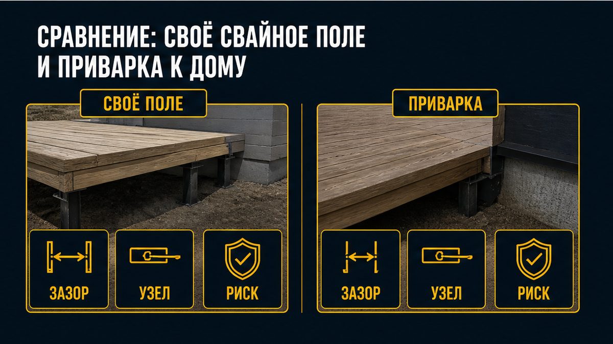 Сравнение своего свайного поля и приварки террасы к дому