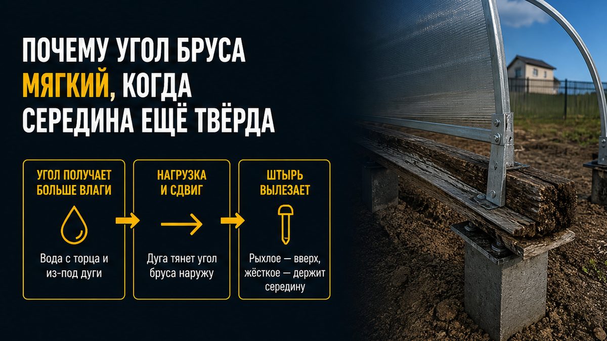 Отвёртка входит в сгнивший угол бруса под теплицей